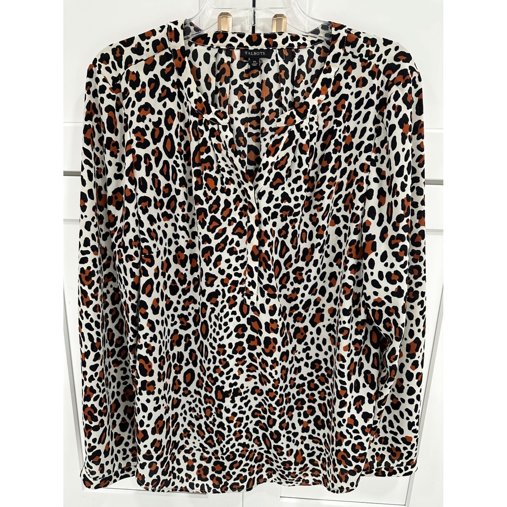 Talbots Womens XL Leopard Print Blouse Long Sleeve V-Neck Animal Print Top Brown